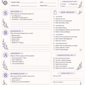 May include: A white SBAR Practice Sheet for nurses featuring purple text and lavender illustrations. It includes sections for student name, date, clinical site, instructor, and communication details, plus structured SBAR prompts and a checklist.