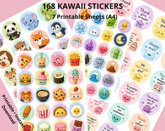 168 Kawaii Sticker Bundle zum Ausdrucken, Blätter A4, Planer Aufkleber, Danke Aufkleber, Sofort Download