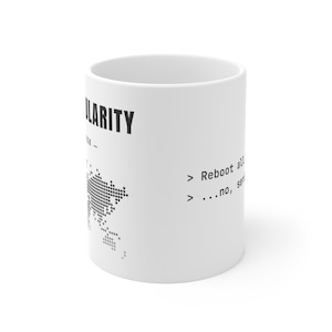 Op de afbeelding: Een witte keramische mok met zwarte tekst en een gestippelde wereldkaartafbeelding. De tekst luidt LARITY, gevolgd door een streepje en de regels: > Reboot all, > ...no, seriously. Het ontwerp is gedrukt op de zijkant van de cilindrische mok.