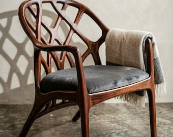 Modern Sculptural Chair, Mahogany Wood Accent, Contemporary Dining Chair, Upholstered Designer Seat