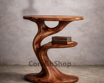 Mesa auxiliar escultural de madera con acabado a mano