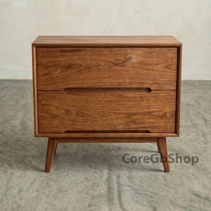 Hand-Finished Wooden Nightstand, Mid Century Bedside Table, 2 Drawer Side Table, Walnut Brown End Table