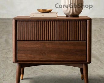 Mesita de noche de madera con acabado artesanal, mesita de noche con 2 cajones, mesa auxiliar de nogal marrón, mesa auxiliar acanalada de estilo mediados de siglo.