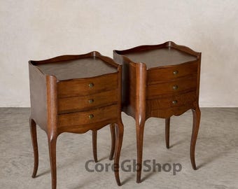 Vintage French Style Walnut Nightstands, Pair of 3-Drawer Bedside Cabinets