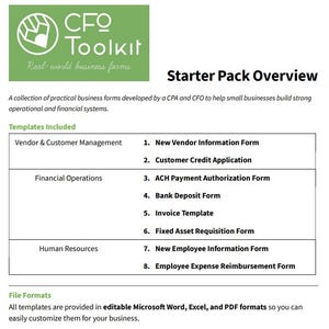 May include: A white document titled "Starter Pack Overview" with a green logo for CFO Toolkit. The document lists templates for vendor management, financial operations, and human resources. The templates are available in Microsoft Word, Excel, and PDF formats.