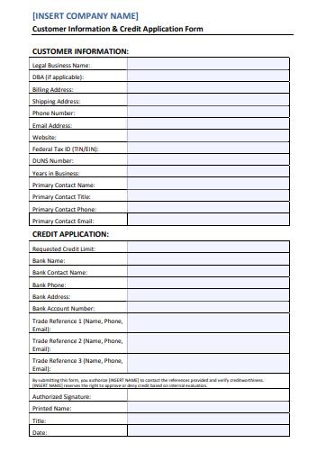 Customer Credit Application Template | Editable Business Credit Form ...