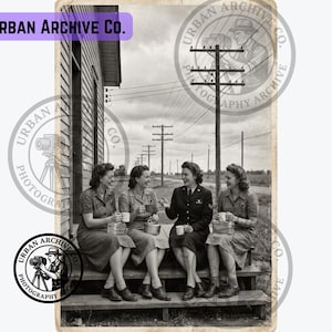 May include: A black and white vintage photograph showing four individuals sitting on wooden steps outside a building, each holding a small cup. One person wears a military-style uniform, while the others wear dresses. Utility poles line the background.