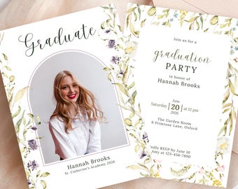 Plantilla de anuncio de graduación floral, invitación a la fiesta de graduación de la promoción de 2026 (descarga digital)