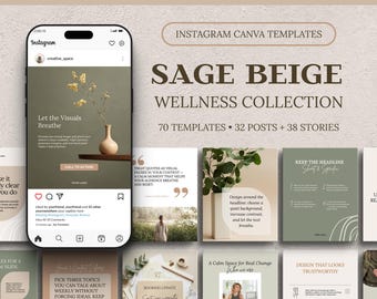 Plantillas de Instagram de bienestar en beige salvia / Kit editable de Canva para redes sociales (32 publicaciones + 38 historias)