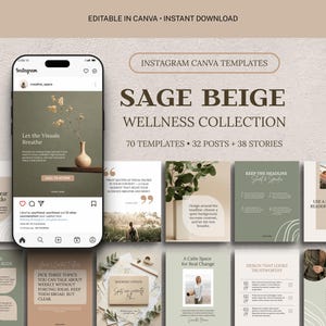Op de afbeelding: Een digitale collectie van 70 Instagram Canva-sjablonen genaamd Sage Beige Wellness Collection, met 32 berichten en 38 stories. De weergave bevat een smartphone met een voorbeeldbericht en diverse lay-outontwerpen in saliegroen en beige.