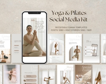 Plantillas de Canva para Instagram de estudios de yoga / Kit de redes sociales para pilates / Imagen de marca de bienestar suave y neutra