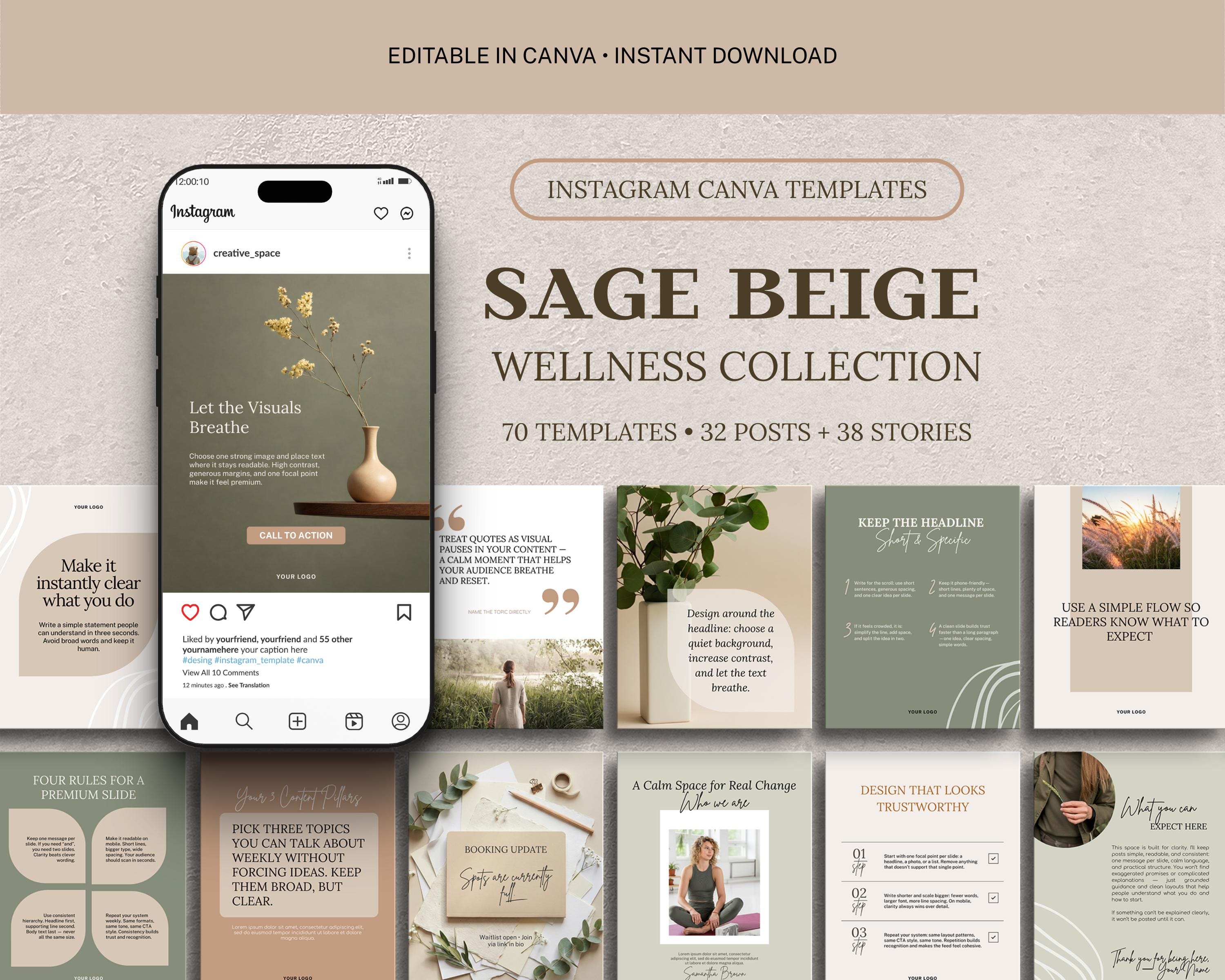 Sage Beige Wellness Instagram Templates | Editable Canva Social Media ...