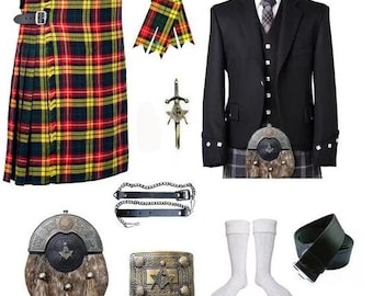 Scottish Men’s Argyle Jacket Wedding Outfit – Traditional Kilt Dress Set in 50+ Tartan Colors