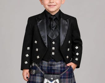 Traje de kilt Prince Charlie para niños: vestimenta formal tradicional de las Tierras Altas escocesas, más de 55 estilos de tartán.