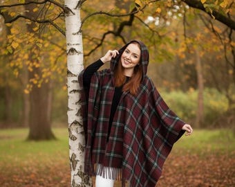 Scottish Tartan Ruana Shawl – Handmade Plaid Cape Wrap for Women, Highlander Hooded Poncho with Fringes, 72” x 54” Available in 50+ Tartans