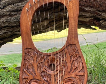 Palissander 10-snarige lierharp – nieuw bloemdessin | Inclusief extra snaren, stemsleutel en draagtas