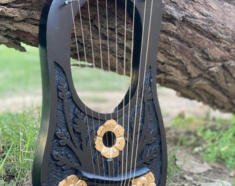 Black 10-String Lyre Harp – Triple Gold Floral Design | Includes Tuning Key, Extra Strings & Carry Bag