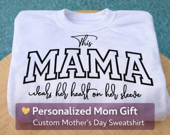 Personalized Mama Sweatshirt, Custom Kid Names Sleeve, Glitter Heart Detail