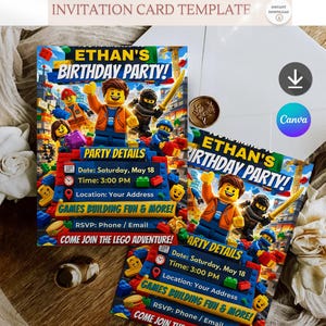 Building Blocks Birthday Invitation Template, Editable Kids Party Invite, Printable Brick Toy Birthday Card