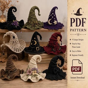 May include: A collection of nine crocheted witch hats in various colors including black, olive green, purple, beige, and burgundy, featuring decorative elements like flowers, stars, moons, and buckles, presented as a PDF pattern with text.