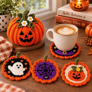 Halloween Crochet Pattern PDF, Pumpkin Spooky Patchwork Set, Ghost Spiderweb Witch Hat, Fall Home Decor, Instant Digital Download