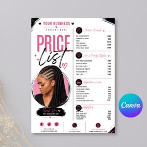 Beauty Salon Price List Template, Braids & Locs Service Menu (Canva Editable)