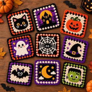 Halloween Crochet Granny Square Pattern PDF, Halloween Blanket Squares, Ghost Pumpkin Bat Cat Crochet, Witch Hat Pattern, Spooky Granny