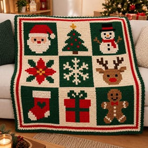 May include: A square crochet blanket featuring a grid of nine panels with Christmas motifs including Santa Claus, a tree, a snowman, a poinsettia, a snowflake, a reindeer, a stocking, a gift, and a gingerbread person in red, green, and cream.