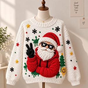 Könnte beinhalten: Ein weißer, langärmeliger Häkelpullover mit einer großen, strukturierten Weihnachtsmann-Applikation, die eine Sonnenbrille trägt und ein Friedenszeichen zeigt. Der Pullover ist mit kleinen gehäkelten Sternen, Schneeflocken, grünen Farbspritzern und einem gelben Smiley verziert.