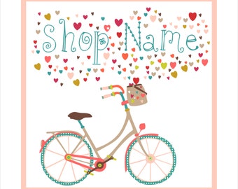 Premade Etsy Bicycle set banners with avatars bike romantic style in pastel colors basket full of love hearts pattern 9 not OOAK image files