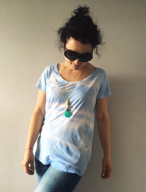 BannerDesignShop Online Clothes Shopping Tie Dye Baby Blue T Shirt Ombre Sky Hand Dyed Pale Blue Dip Dye Womens Top Vegan Outfit Cotton Stripe Ladies Fashion