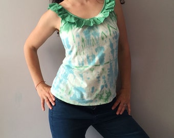 Dip Dye Aqua Blue Green Tank Womens Ruffled Top White Shibori Summer Cami Hand Bleached Camisole Tie Dye Singlet Teal Blue Pistachio Tank