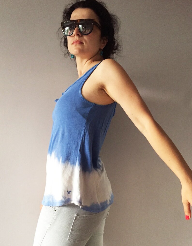 Tie Dye Denim Blue Camisole Hand Bleached Womens Summer Upcycled Top Vegan Outfit One Of A Kind Cotton Cami Unique Shibori Sky Blue Tank image 3