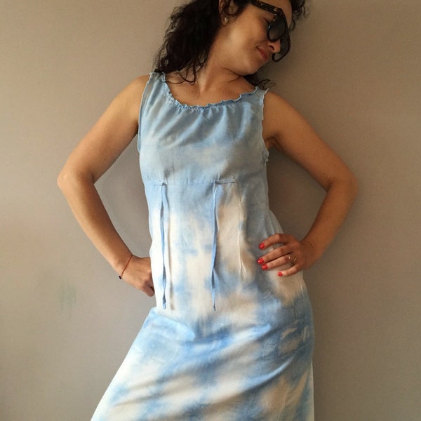 Tie Dye Damen Baby Blaues Kleid Dip Dye Sky Blue Sommer Tunika VeganEs Outfit Unikat Shibori Quadrat Baumwolle Upcycled Ombre Ärmelloses Top