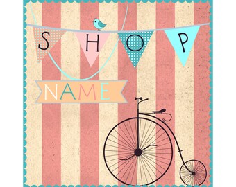 Premade Etsy Shop Set Stripped Banner Vintage Style Pastel Colors Retro Bicycle Triangle Paper Gerlyand Etsy Cover Photo on Stripes Branding