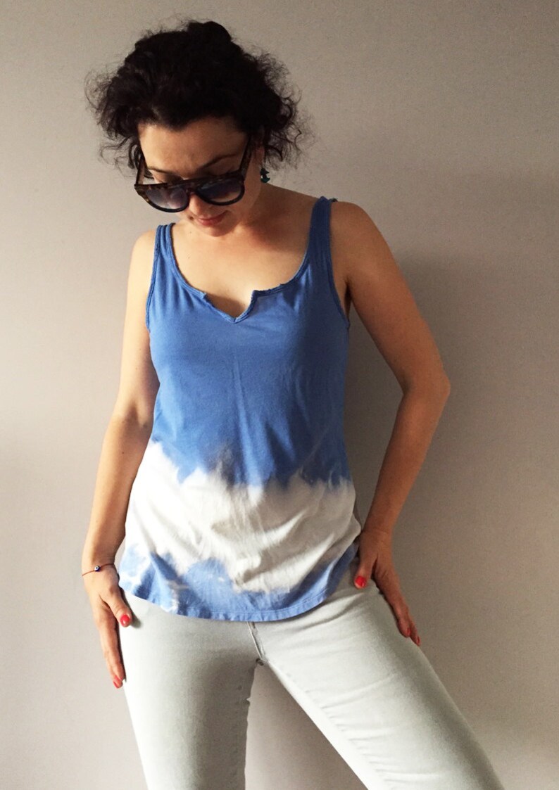 Tie Dye Denim Blue Camisole Hand Bleached Womens Summer Upcycled Top Vegan Outfit One Of A Kind Cotton Cami Unique Shibori Sky Blue Tank image 1