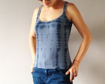 Tie Dye Indigo Blue Tank Top Size Small Hand Dyed Women Summer Upcycled Singlet Vegan Outfit One Of A Kind Cotton Stripes Unique Shibori Top