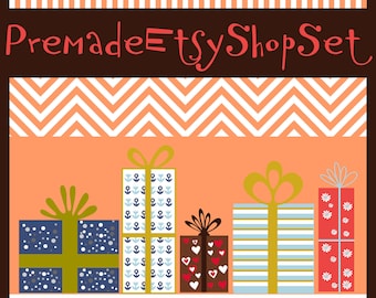 New Etsy Cover Photo Set Premade Etsy shop set Banner Avatars Shop Icon variegated gift box pastel chevron stripes dots patchwork 9 files