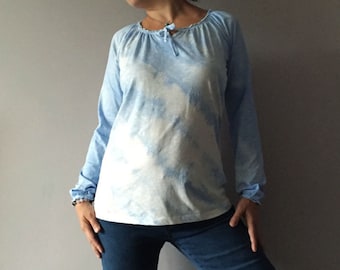 Tie Dye Womens Baby Blue T-shirt Size M Hand Dyed Unique Long Sleeved Top Vegan Upcycled One Of A Kind Tee Shirt Blouse Shibori Design Aqua