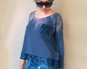 Dip Dye Sequins Top Tie Dye Denim Blue Top Hand Dyed Womens Upcycled Blouse Shibori T-shirt Online Clothes Shopping Ladies Top Size Medium