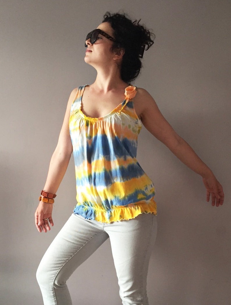 Dip Dye Yellow Orange Blue White Tank Unique Stripe Shibori Womens Top Vegan Fashion One Of A Kind Camisole Summer Blouse Ombre Ruffles Top image 5