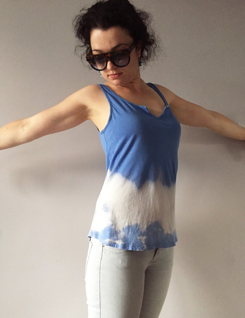 Tie Dye Denim Blue Camisole Hand Bleached Womens Summer Upcycled Top Vegan Outfit One Of A Kind Cotton Cami Unique Shibori Sky Blue Tank image 2