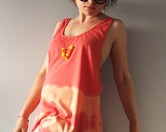 Hand tie bleached womens tank in bright pink orange shibori stripe ladies fashion top unique salmon camisole sleeveless loose fit singlet