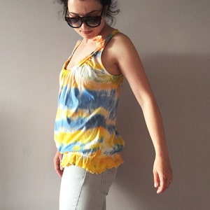 Dip Dye Yellow Orange Blue White Tank Unique Stripe Shibori Womens Top Vegan Fashion One Of A Kind Camisole Summer Blouse Ombre Ruffles Top image 2