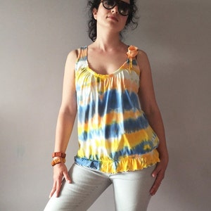 Dip Dye Yellow Orange Blue White Tank Unique Stripe Shibori Womens Top Vegan Fashion One Of A Kind Camisole Summer Blouse Ombre Ruffles Top image 4