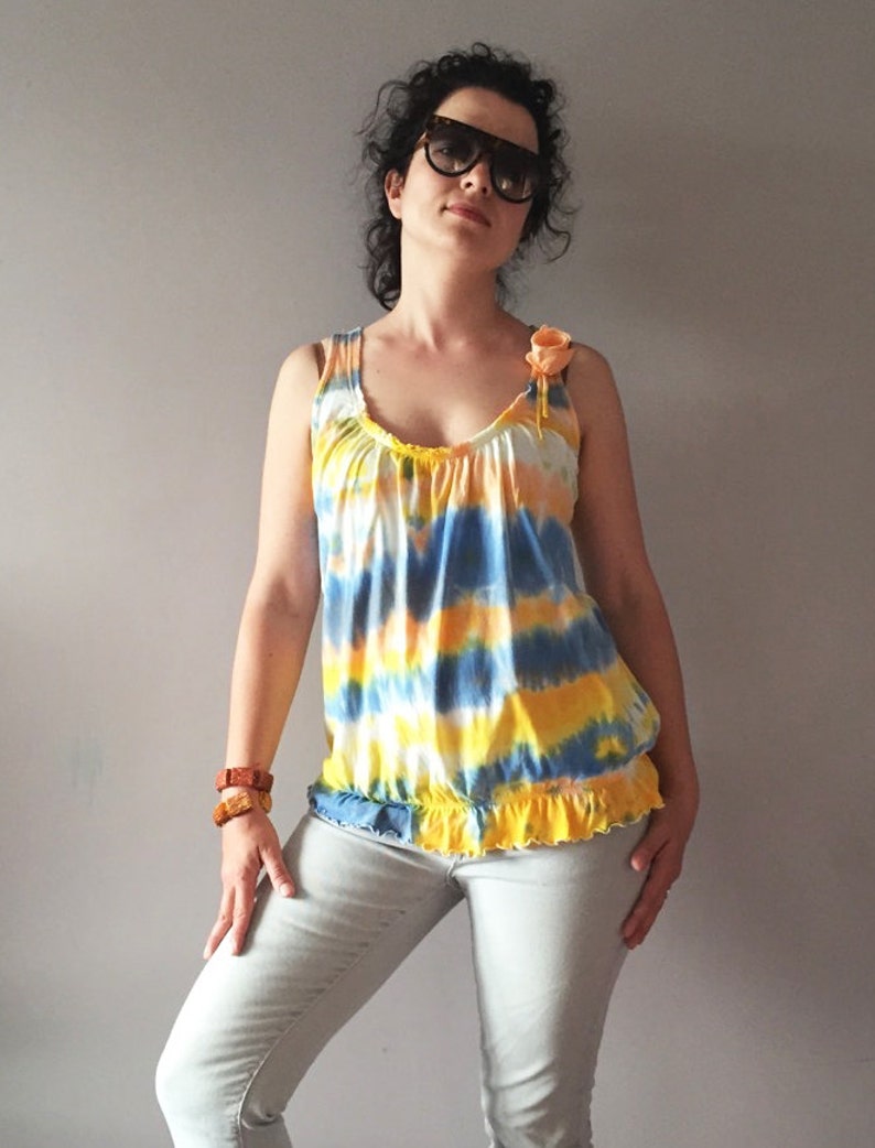 Dip Dye Yellow Orange Blue White Tank Unique Stripe Shibori Womens Top Vegan Fashion One Of A Kind Camisole Summer Blouse Ombre Ruffles Top image 4