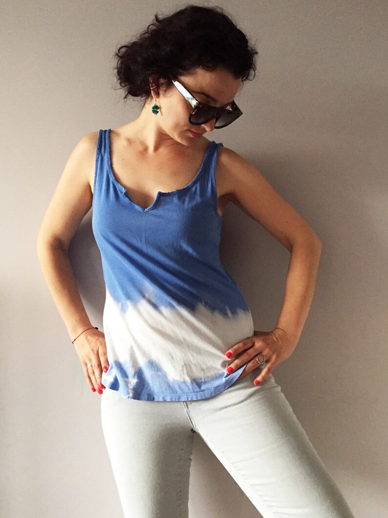 Tie Dye Denim Blue Camisole Hand Bleached Womens Summer Upcycled Top Vegan Outfit One Of A Kind Cotton Cami Unique Shibori Sky Blue Tank image 5