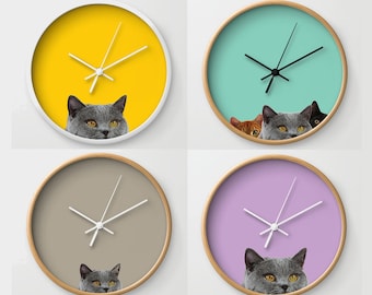 Black Cat Clock Round Wall Clock Cat Print Wall Clock British Shorthair Wall Clock Pastel Colors Clock Pets Lover Wall Clock 12 Color Option