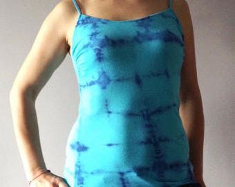 Shibori Indigo Blue Tank Turquoise Womens Vegan Top Unique Fashion Singlet Summer Bright Cyan Aqua Dip Dyed Tie Dye Top online fashion shop