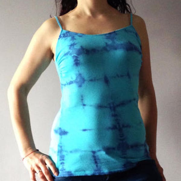 Shibori Indigo Blue Tank Turquoise Womens Vegan Top Unique Fashion Singlet Summer Bright Cyan Aqua Dip Dyed Tie Dye Top online fashion shop